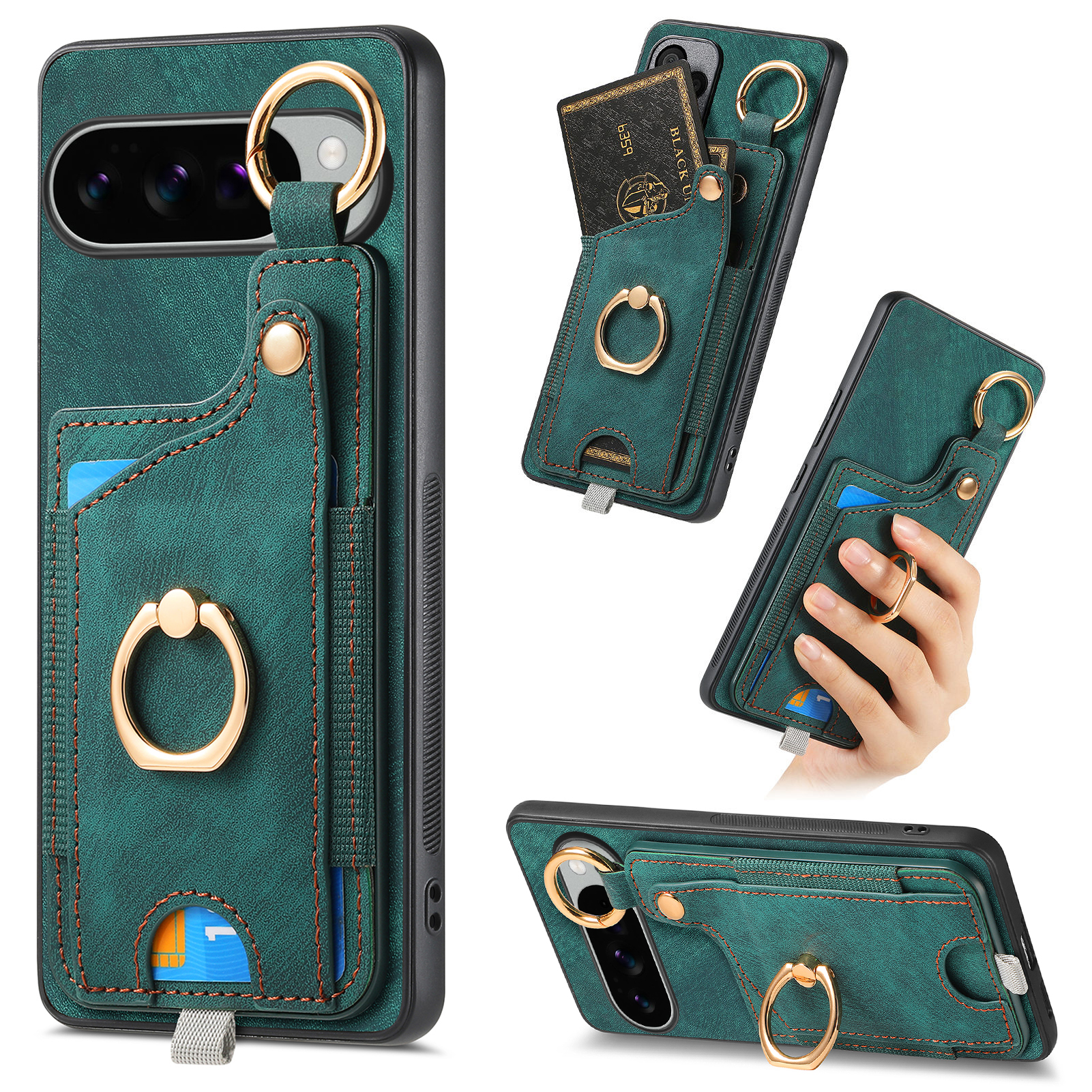 For Google Pixel 10 Pro XL Retro Leather Phone Back Cover with Card Slots and Ring Holder - Green