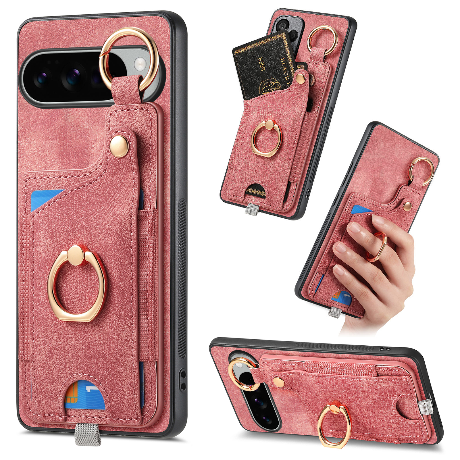 For Google Pixel 10 Pro XL Retro Leather Phone Back Cover with Card Slots and Ring Holder - Pink
