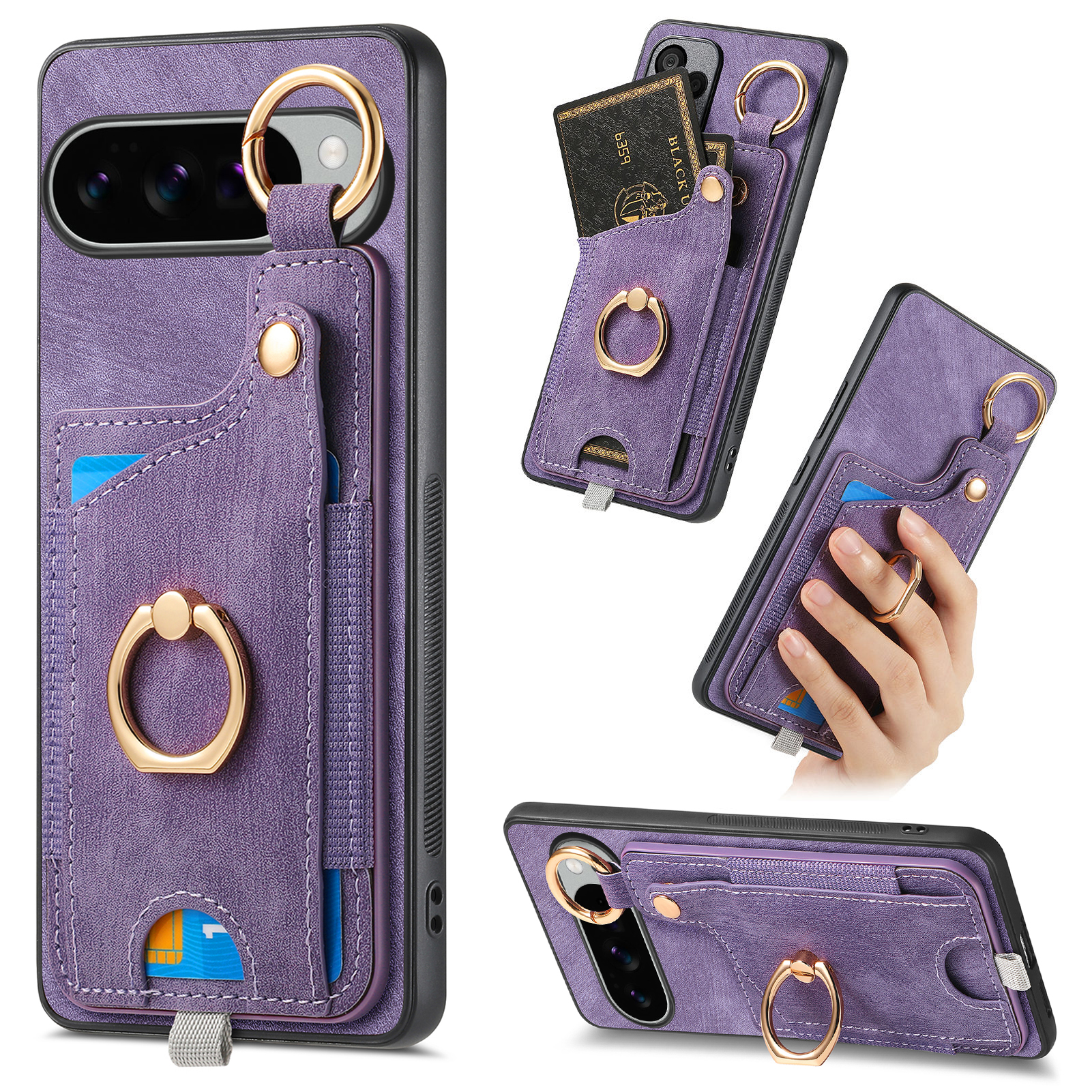 For Google Pixel 10 Pro XL Retro Leather Phone Back Cover with Card Slots and Ring Holder - Purple