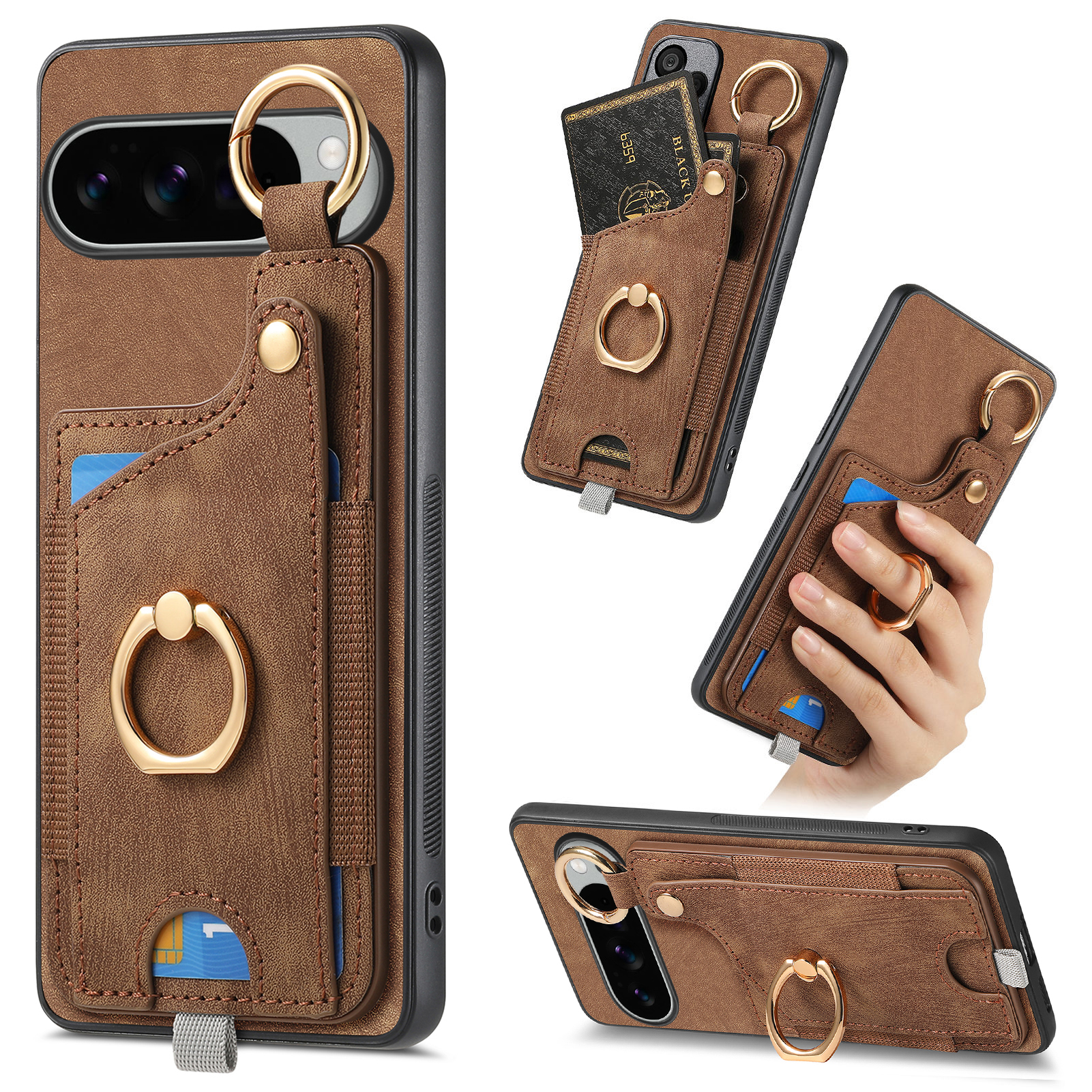 For Google Pixel 10 Pro XL Retro Leather Phone Back Cover with Card Slots and Ring Holder - Brown