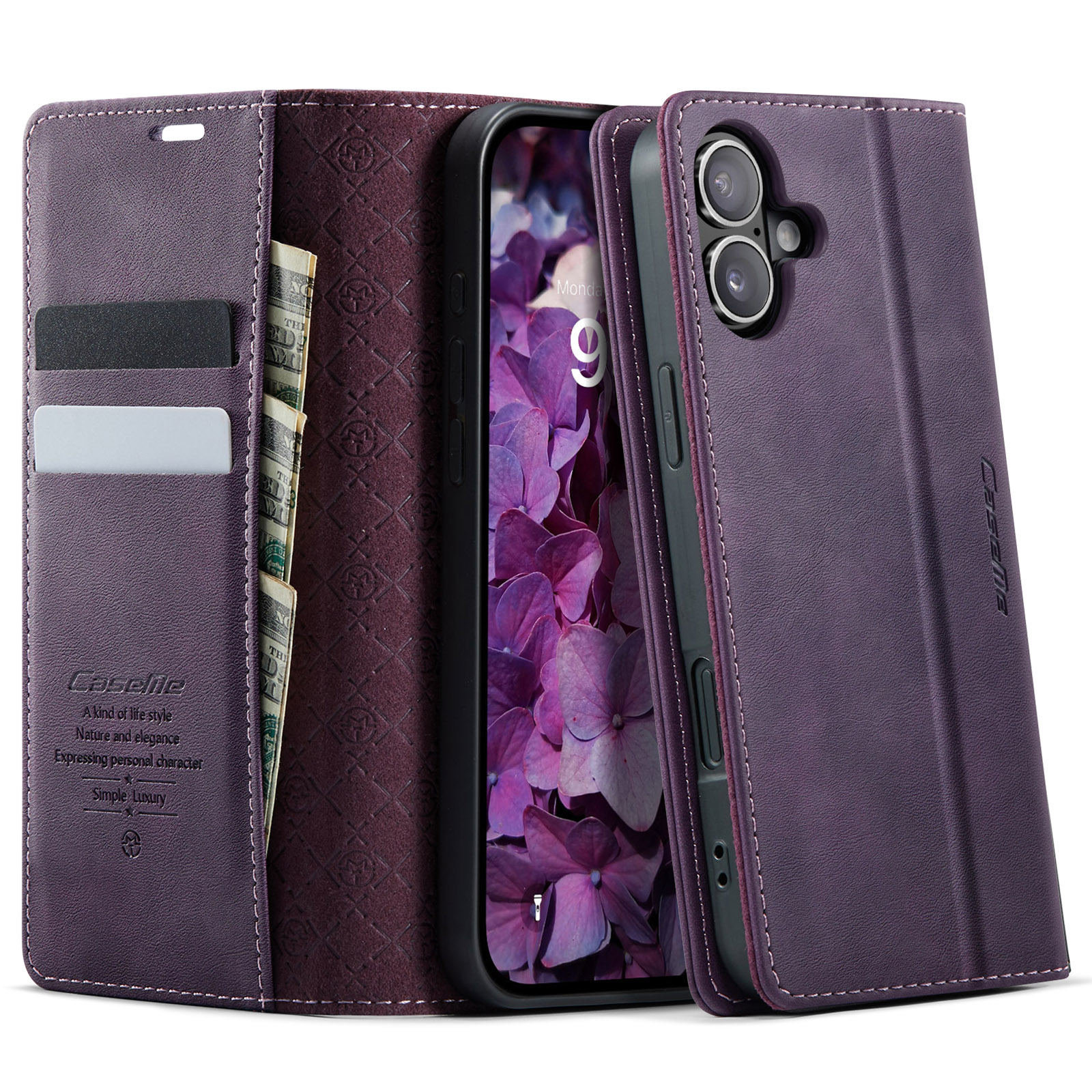 For iPhone 17 Case CASEME 033 Series RFID Blocking Wallet Stand Calf Texture Leather Phone Cover - Purple