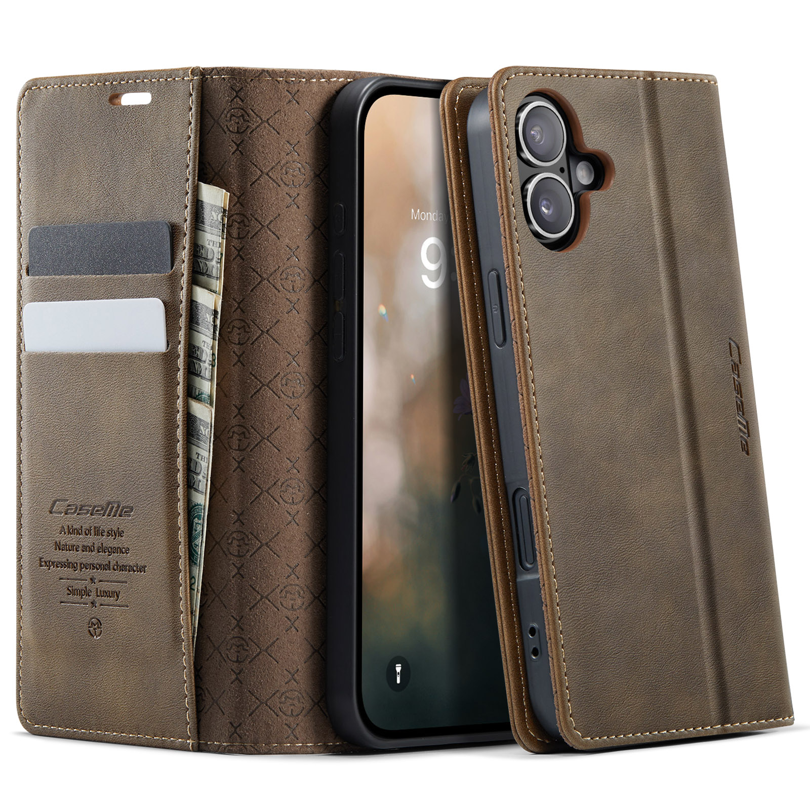 For iPhone 17 Case CASEME 033 Series RFID Blocking Wallet Stand Calf Texture Leather Phone Cover - Coffee