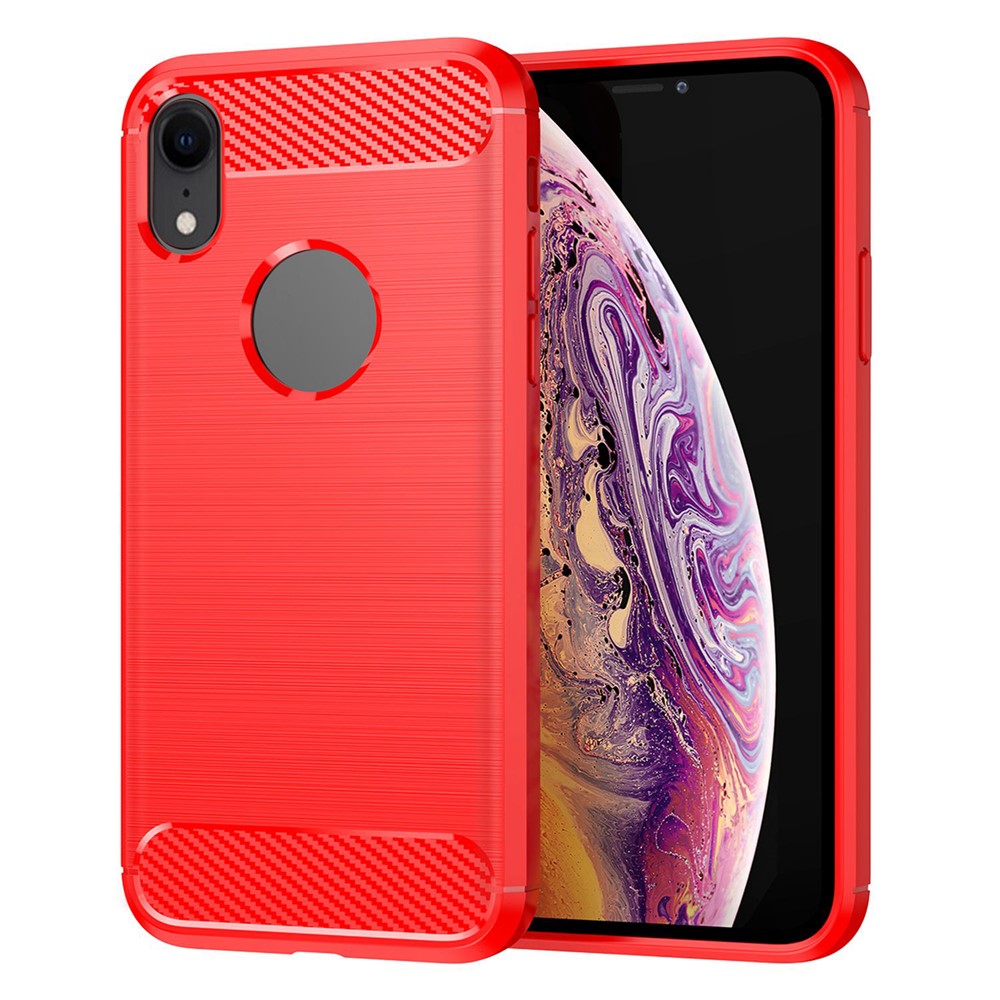 For iPhone XR 6.1 inch Drop Protection Flexible TPU Phone Back Cover Brushed Carbon Fiber Texture Cell Phone Case - Red