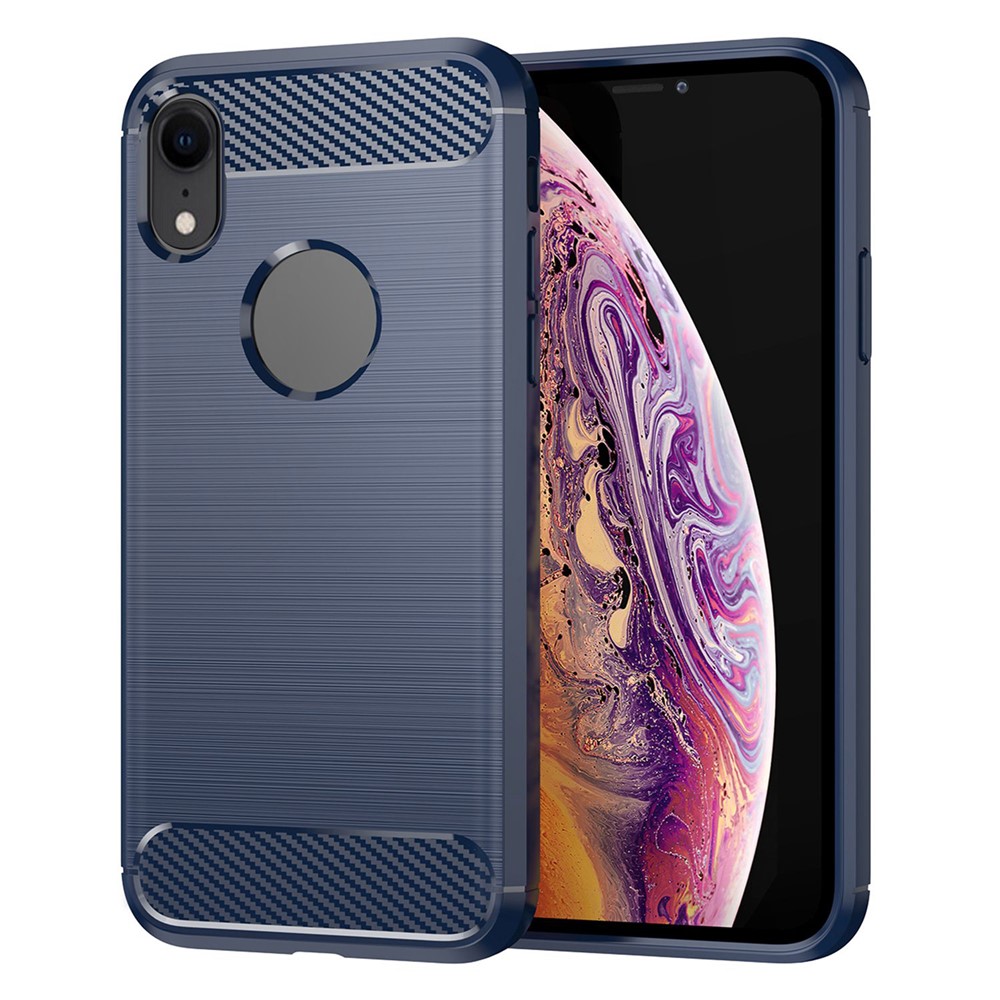 For iPhone XR 6.1 inch Drop Protection Flexible TPU Phone Back Cover Brushed Carbon Fiber Texture Cell Phone Case - Blue