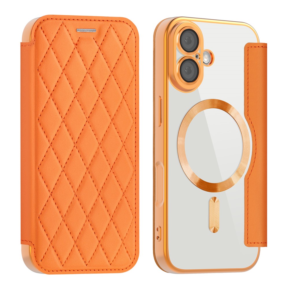 For iPhone 17 Case Compatible with MagSafe Rhombus PU Leather Phone Cover - Orange