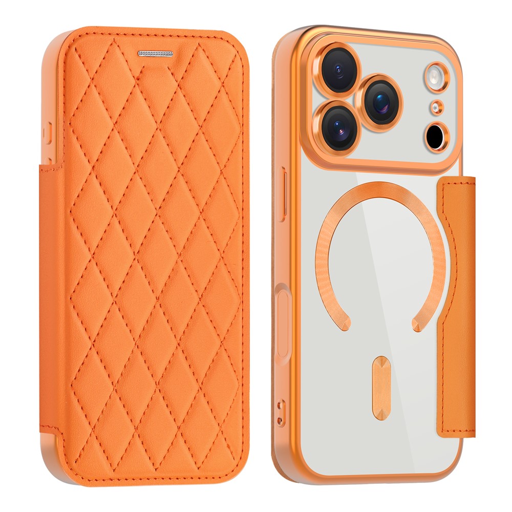 For iPhone 17 Pro Case Compatible with MagSafe Rhombus PU Leather Phone Cover - Orange