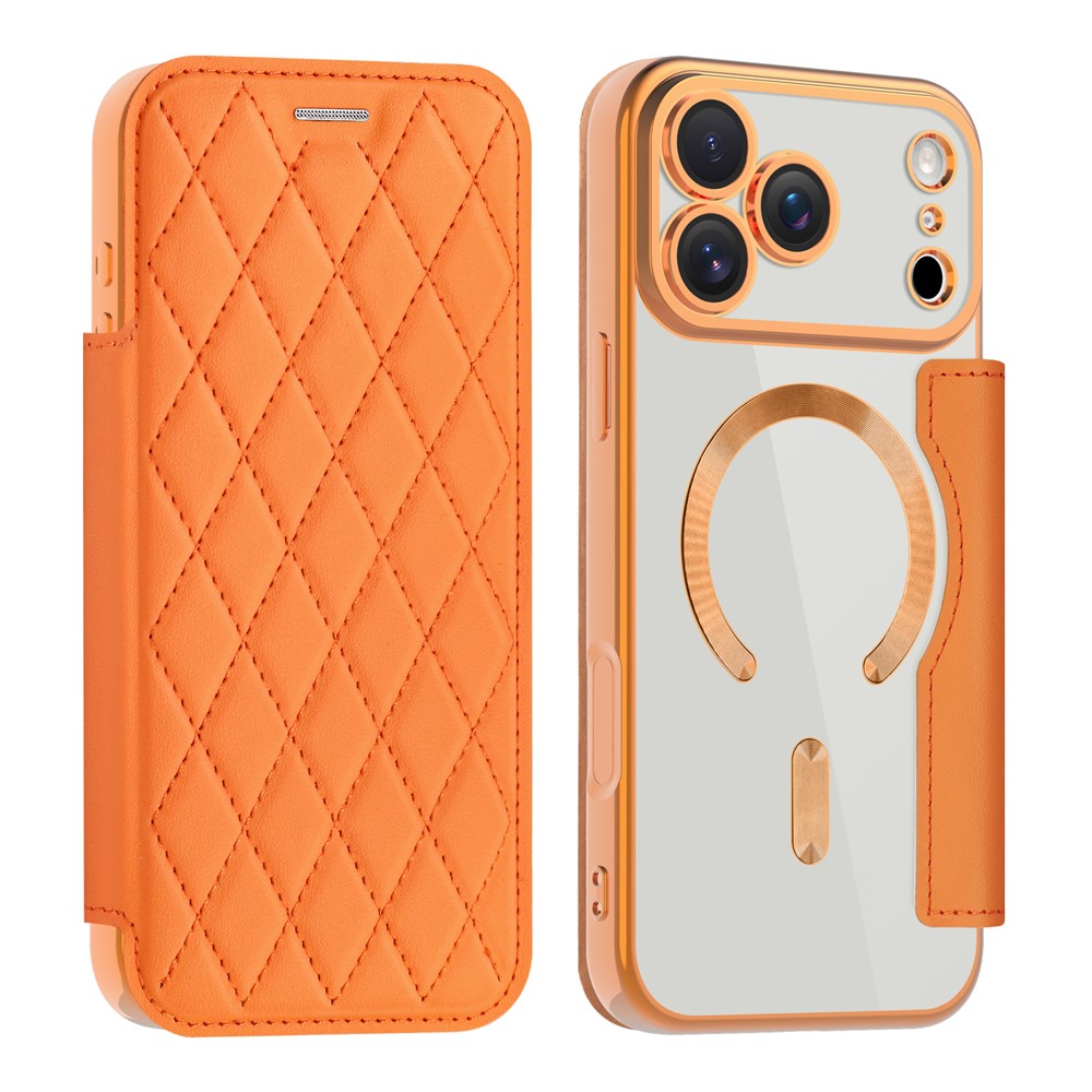 For iPhone 17 Pro Max Case Compatible with MagSafe Rhombus PU Leather Phone Cover - Orange