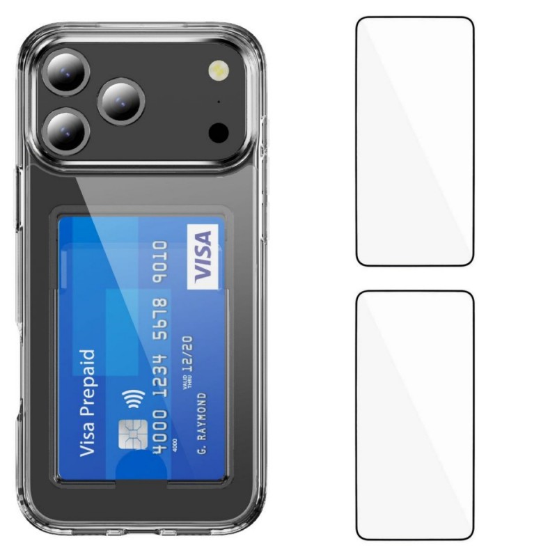 For iPhone 17 Pro Max Clear Phone Case with 2Pcs Screen Film WANLONFENG CK1 Series Card Holder Cover (Big Lens Hole) - Transparent