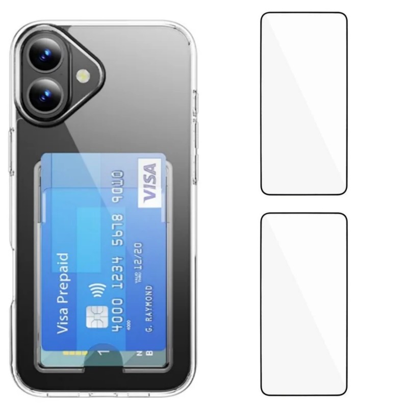For iPhone 17 Clear Phone Case with 2Pcs Screen Film WANLONFENG CK1 Series Card Holder Cover (Big Lens Hole) - Transparent