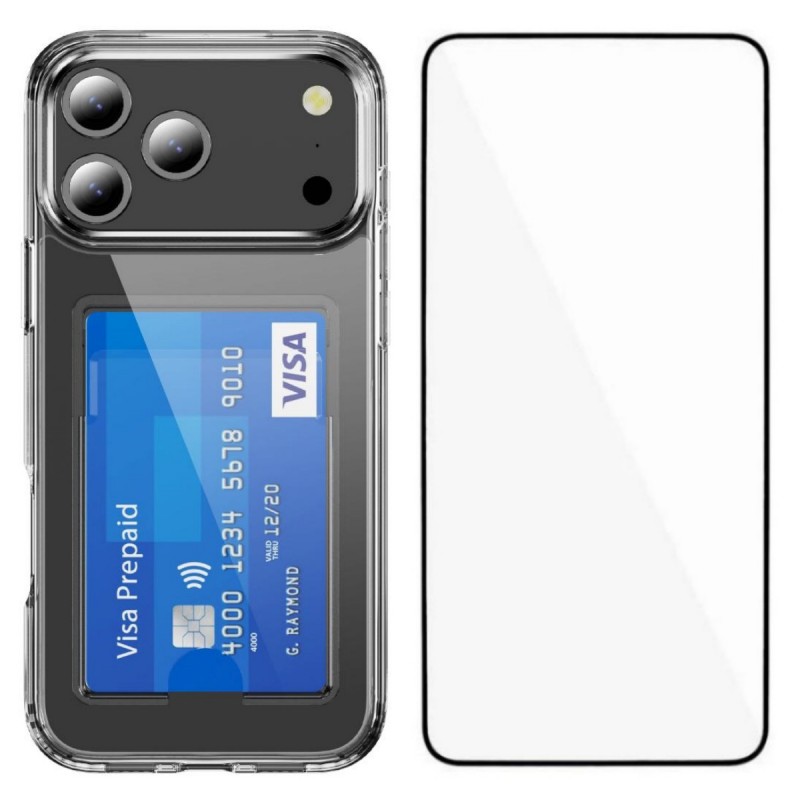 For iPhone 17 Pro Max Clear Phone Case with Screen Film WANLONFENG CK Series Card Holder Cover (Big Lens Hole) - Transparent