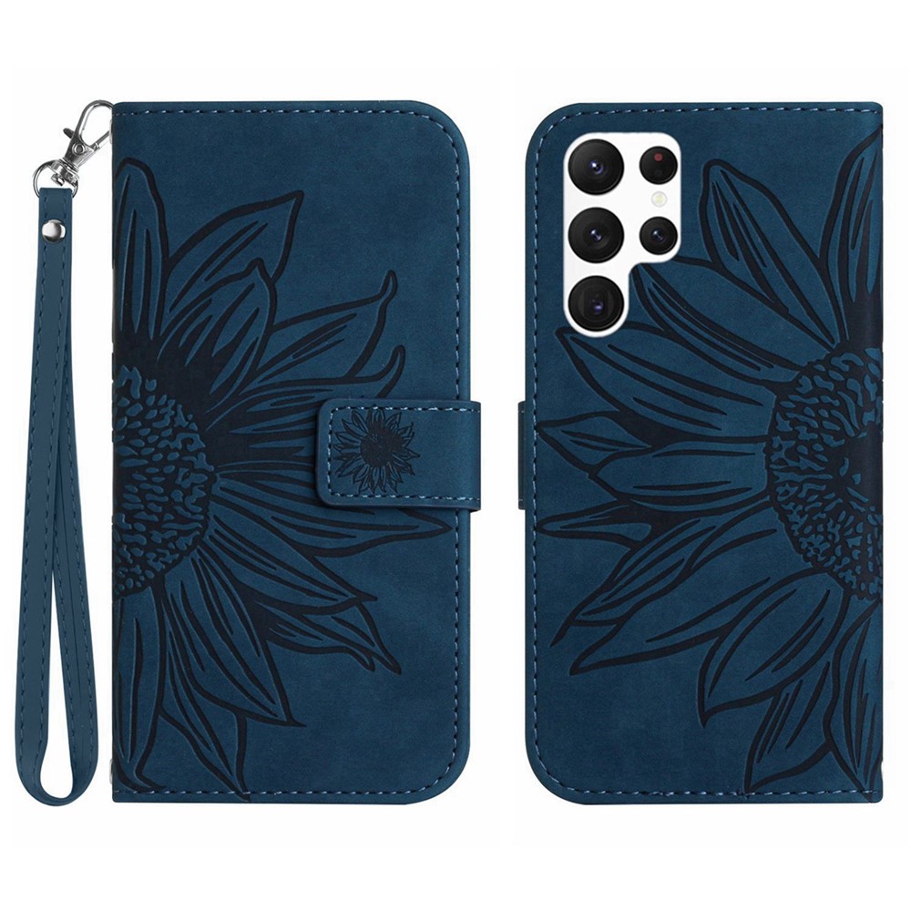 Skin-friendly Phone Cover For Samsung Galaxy S23 Ultra, HT04 Sunflower Imprinted Cell Phone Case with Wallet Stand and Hand Strap - Dark Blue-1