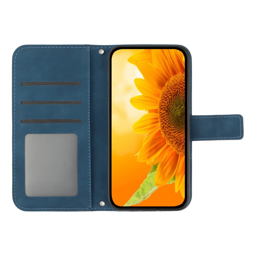 Skin-friendly Phone Cover For Samsung Galaxy S23 Ultra, HT04 Sunflower Imprinted Cell Phone Case with Wallet Stand and Hand Strap - Dark Blue-2