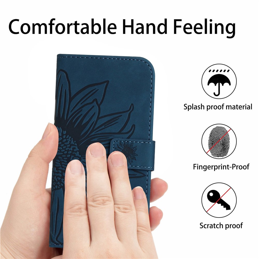 Skin-friendly Phone Cover For Samsung Galaxy S23 Ultra, HT04 Sunflower Imprinted Cell Phone Case with Wallet Stand and Hand Strap - Dark Blue-4