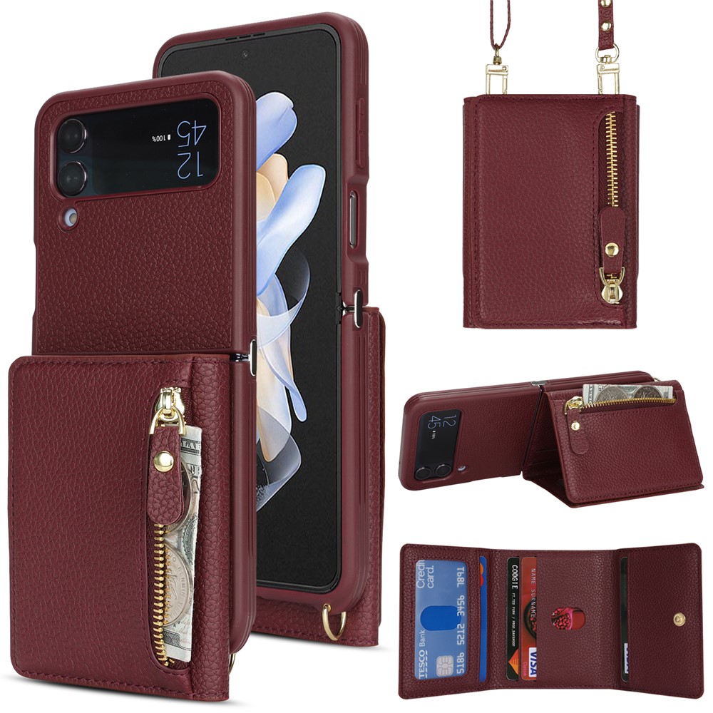 For Samsung Galaxy Z Flip4 5G Case Card Holder Kickstand Litchi Texture PU TPU Phone Cover with Long Strap - Wine Red