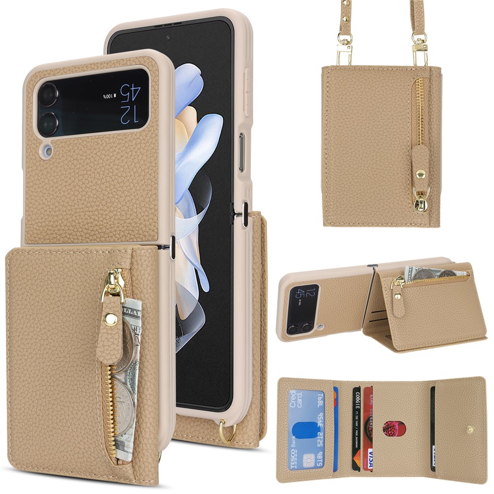 For Samsung Galaxy Z Flip4 5G Case Card Holder Kickstand Litchi Texture PU TPU Phone Cover with Long Strap - Beige