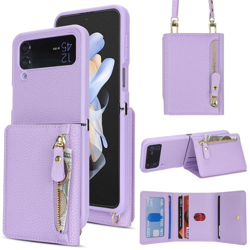 For Samsung Galaxy Z Flip4 5G Case Card Holder Kickstand Litchi Texture PU TPU Phone Cover with Long Strap - Purple