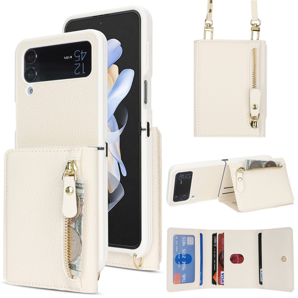 For Samsung Galaxy Z Flip4 5G Case Card Holder Kickstand Litchi Texture PU TPU Phone Cover with Long Strap - White