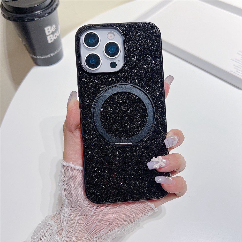 For iPhone 16 Pro Max Magnetic Case with Kickstand Glitter Electroplated TPU + PC Phone Cover - Black