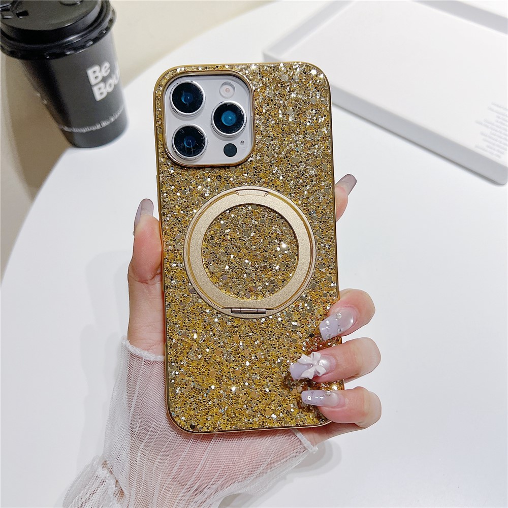 For iPhone 16 Pro Max Magnetic Case with Kickstand Glitter Electroplated TPU + PC Phone Cover - Gold