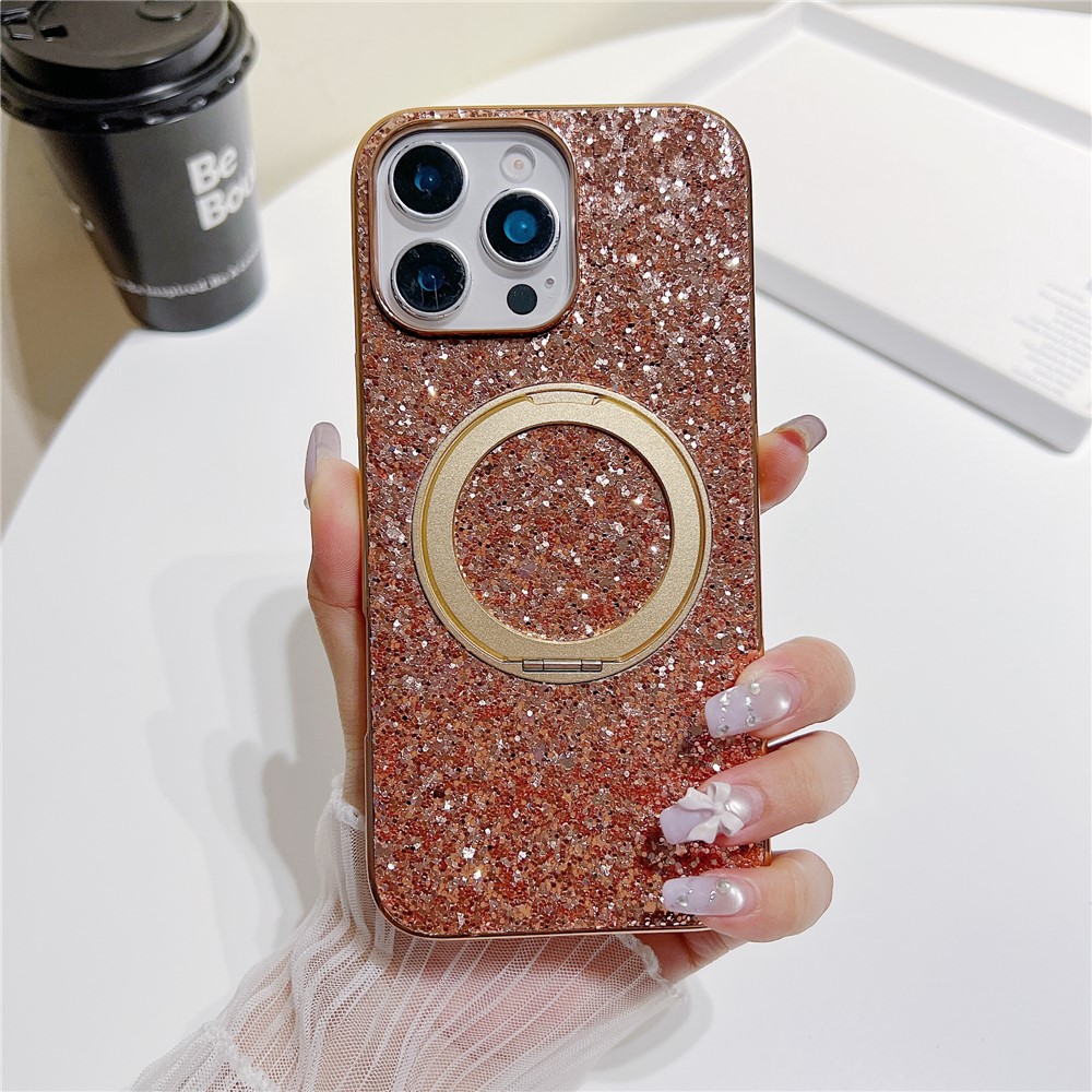 For iPhone 16 Pro Magnetic Case with Kickstand Glitter Electroplated TPU + PC Phone Cover - Rose Gold