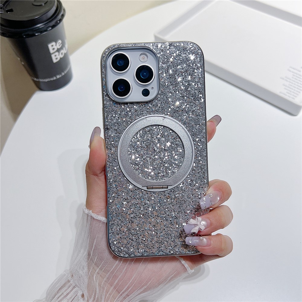 For iPhone 16 Pro Magnetic Case with Kickstand Glitter Electroplated TPU + PC Phone Cover - Silver