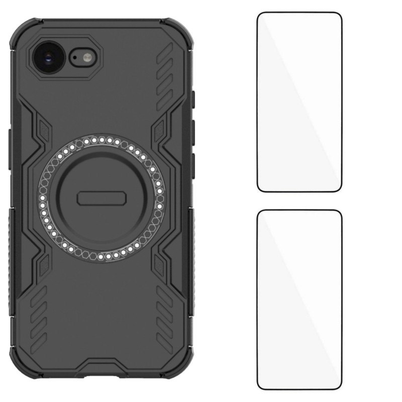 For iPhone 16e Magnetic Case WANLONFENG DJ Series PC TPU Phone Cover with 2Pcs Tempered Glass Film - Black