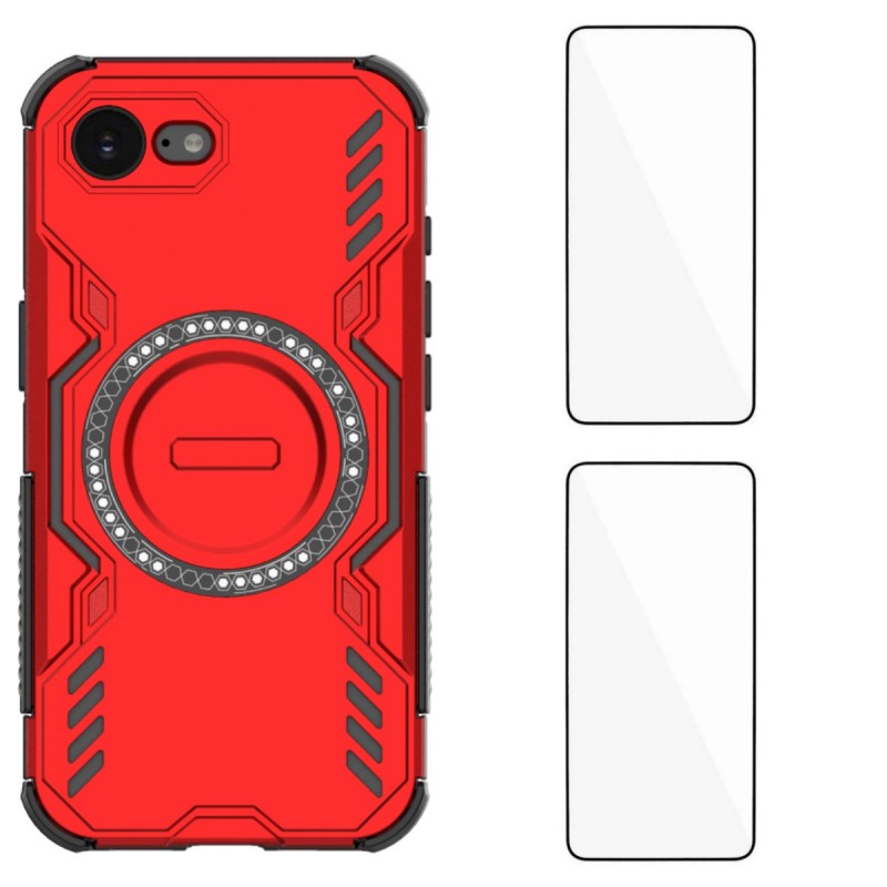 For iPhone 16e Magnetic Case WANLONFENG DJ Series PC TPU Phone Cover with 2Pcs Tempered Glass Film - Red