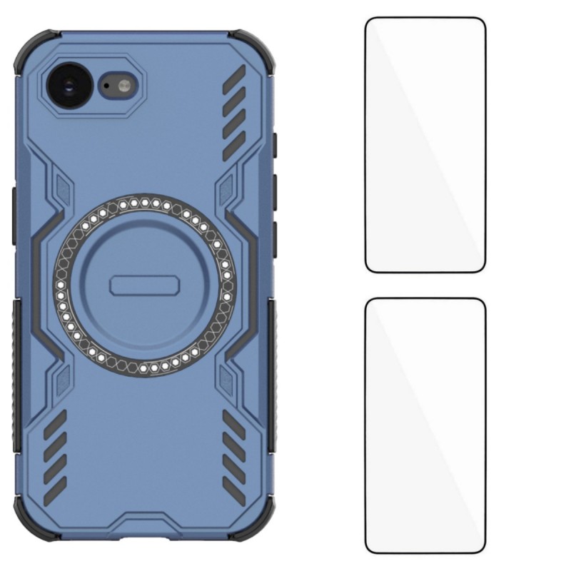 For iPhone 16e Magnetic Case WANLONFENG DJ Series PC TPU Phone Cover with 2Pcs Tempered Glass Film - Blue