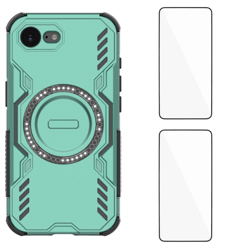 For iPhone 16e Magnetic Case WANLONFENG DJ Series PC TPU Phone Cover with 2Pcs Tempered Glass Film - Green