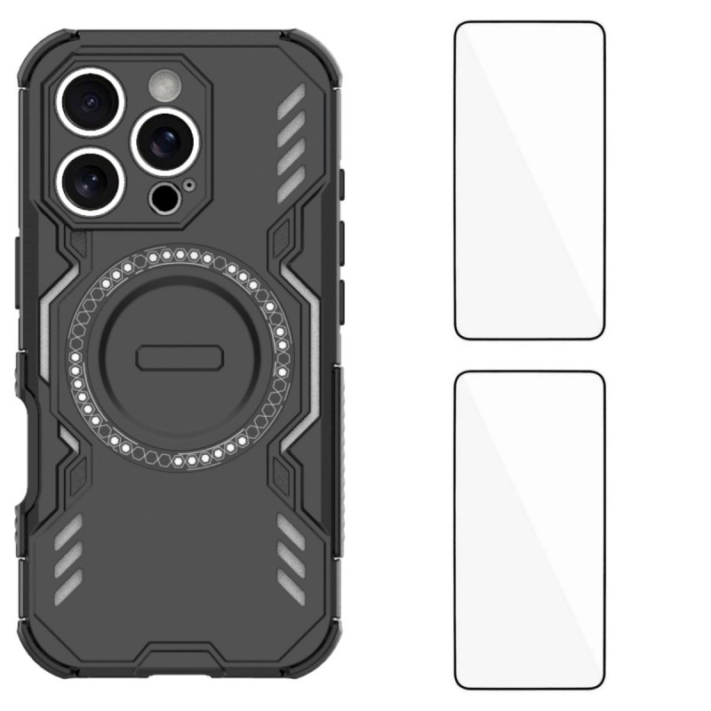 For iPhone 16 Pro Max Magnetic Case WANLONFENG DJ Series PC TPU Phone Cover with 2Pcs Tempered Glass Film - Black