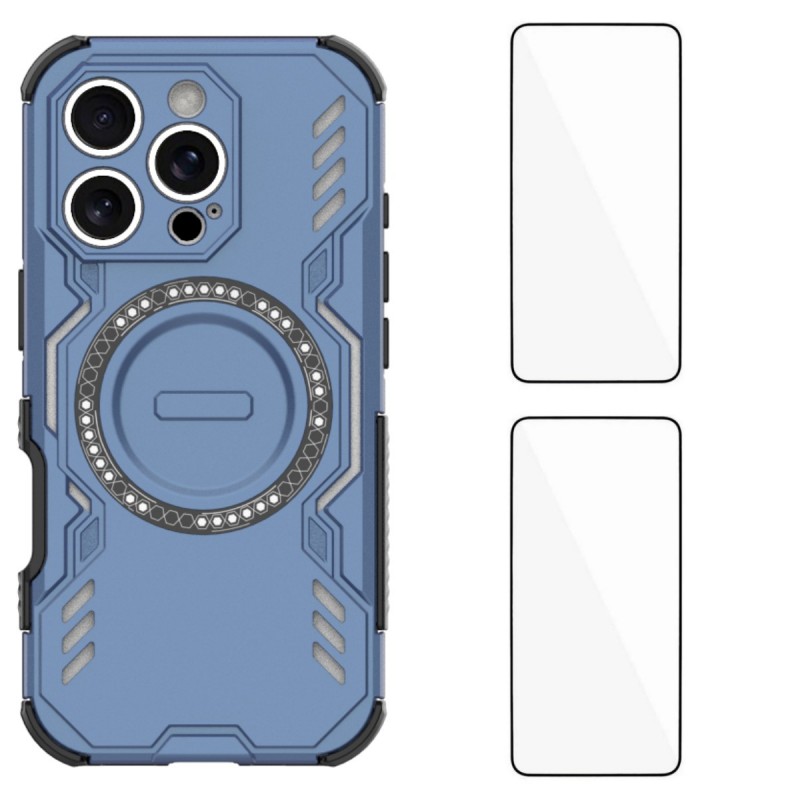For iPhone 16 Pro Max Magnetic Case WANLONFENG DJ Series PC TPU Phone Cover with 2Pcs Tempered Glass Film - Blue
