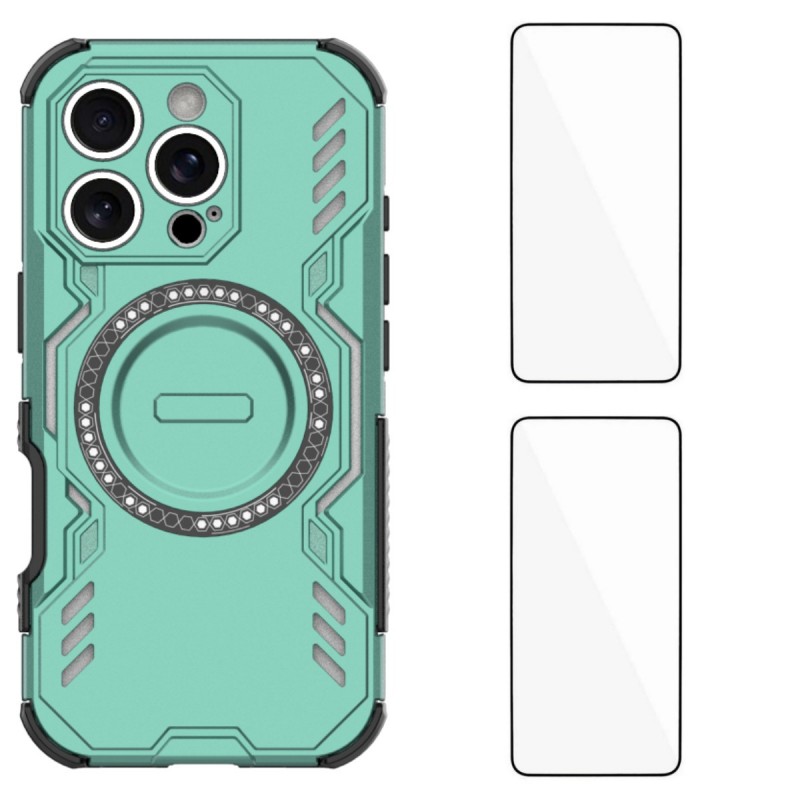 For iPhone 16 Pro Max Magnetic Case WANLONFENG DJ Series PC TPU Phone Cover with 2Pcs Tempered Glass Film - Green