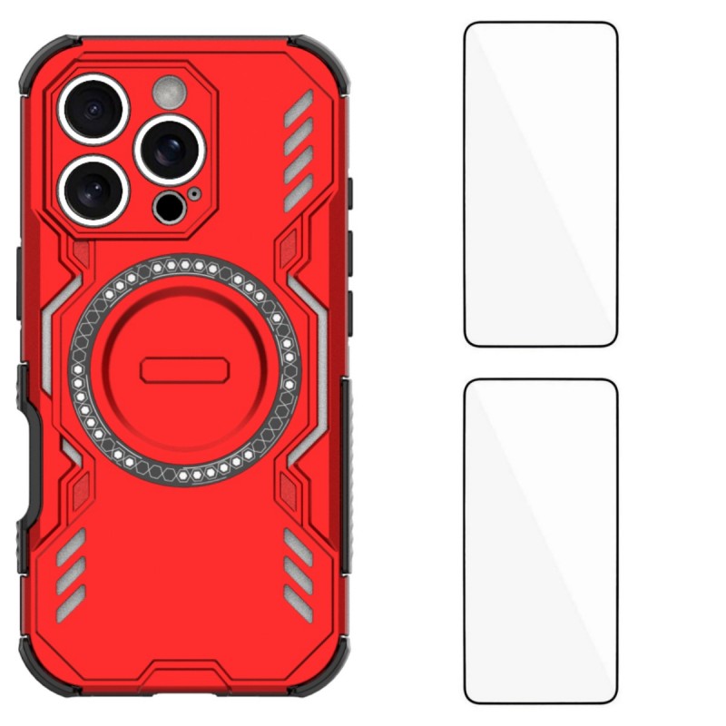 For iPhone 16 Pro Magnetic Case WANLONFENG DJ Series PC TPU Phone Cover with 2Pcs Tempered Glass Film - Red