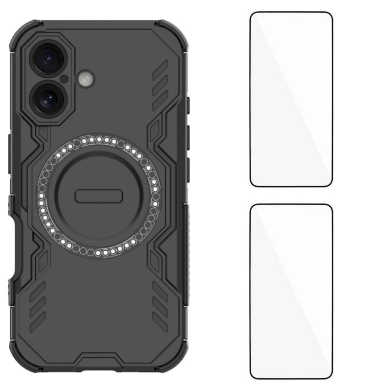 For iPhone 16 Magnetic Case WANLONFENG DJ Series PC TPU Phone Cover with 2Pcs Tempered Glass Film - Black