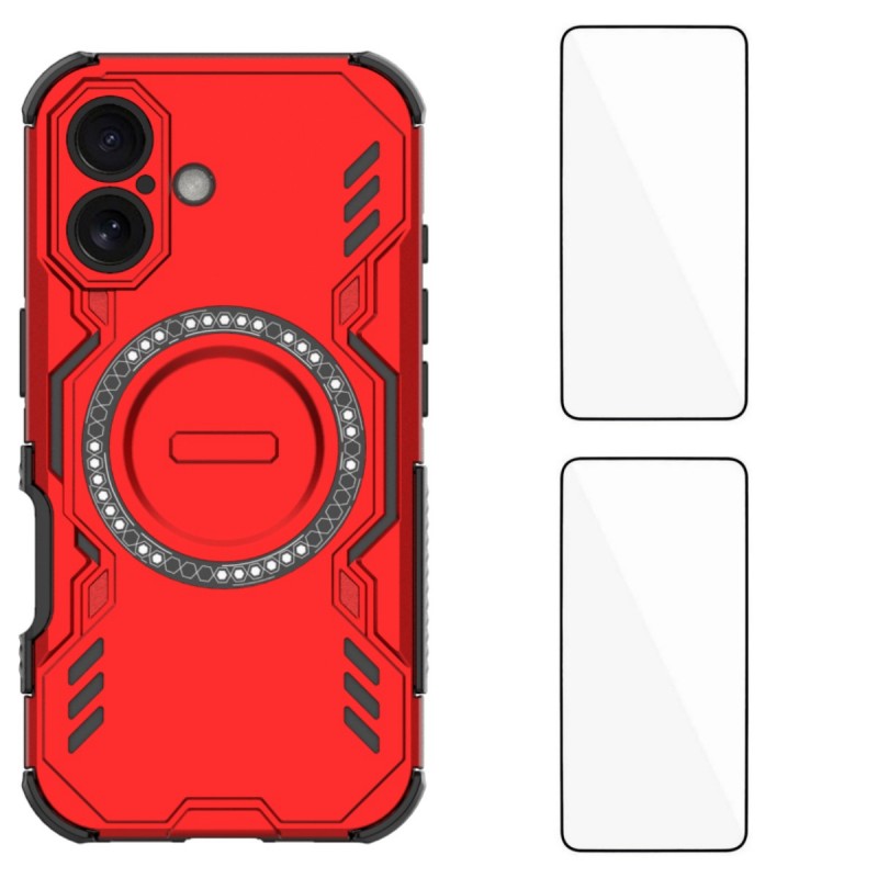 For iPhone 16 Magnetic Case WANLONFENG DJ Series PC TPU Phone Cover with 2Pcs Tempered Glass Film - Red