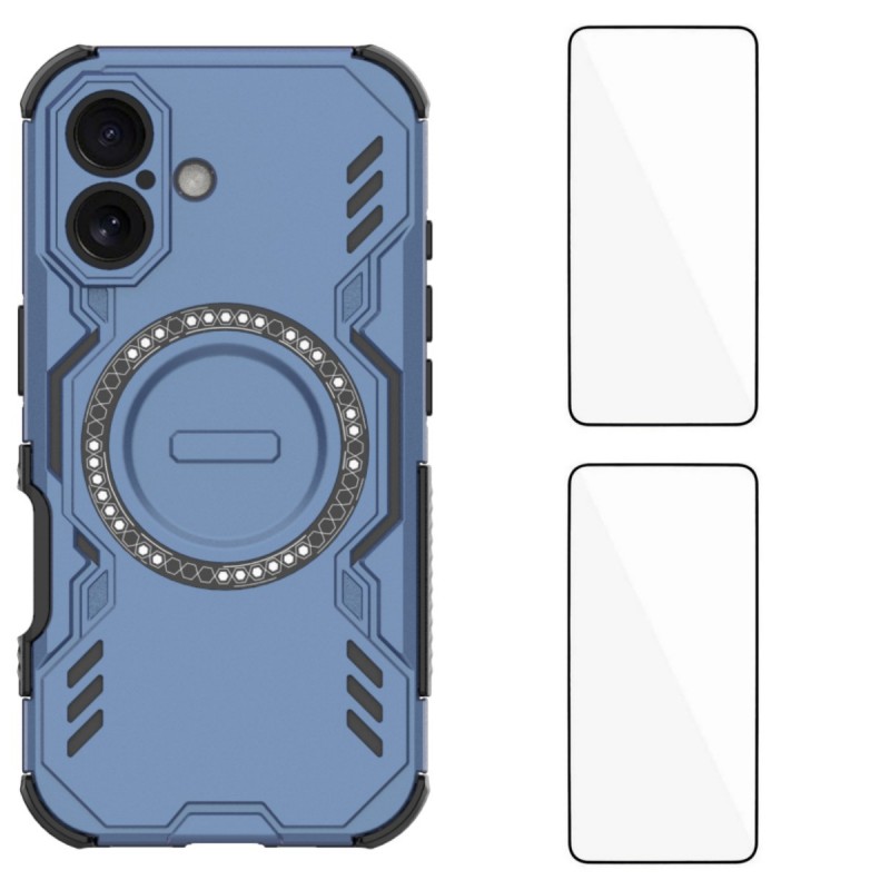 For iPhone 16 Magnetic Case WANLONFENG DJ Series PC TPU Phone Cover with 2Pcs Tempered Glass Film - Blue