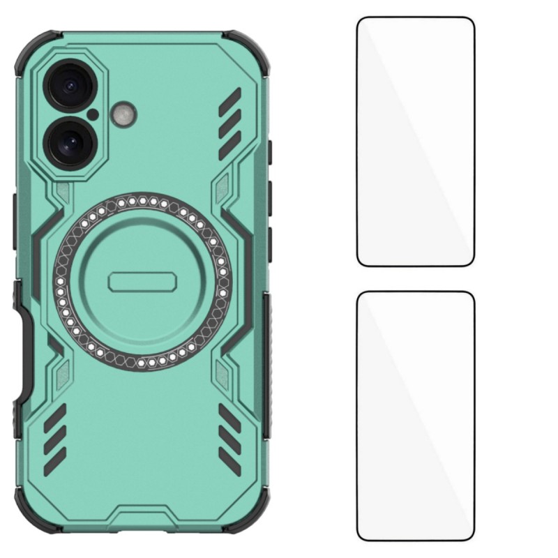 For iPhone 16 Magnetic Case WANLONFENG DJ Series PC TPU Phone Cover with 2Pcs Tempered Glass Film - Green