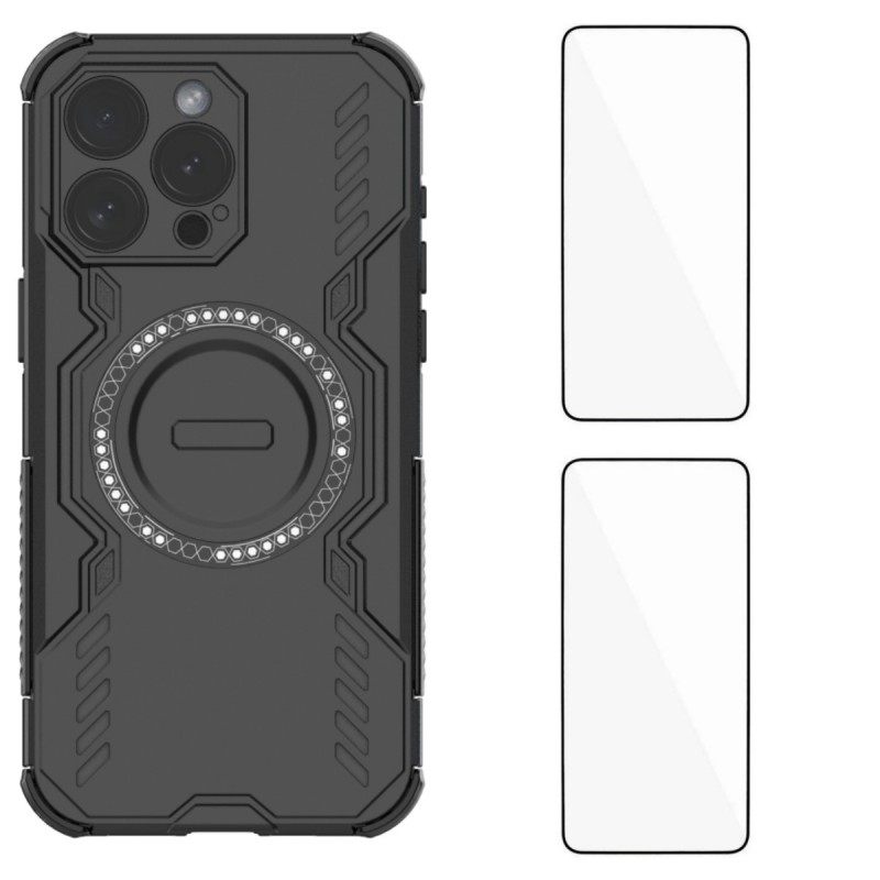 For iPhone 15 Pro Magnetic Case WANLONFENG DJ Series PC TPU Phone Cover with 2Pcs Tempered Glass Film - Black