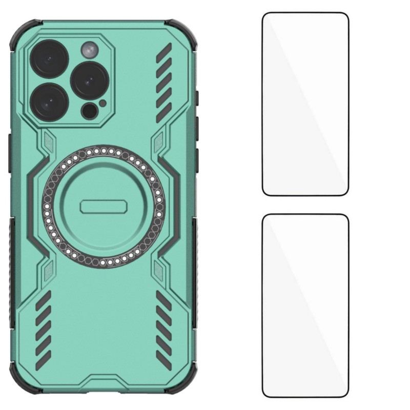 For iPhone 15 Pro Magnetic Case WANLONFENG DJ Series PC TPU Phone Cover with 2Pcs Tempered Glass Film - Green
