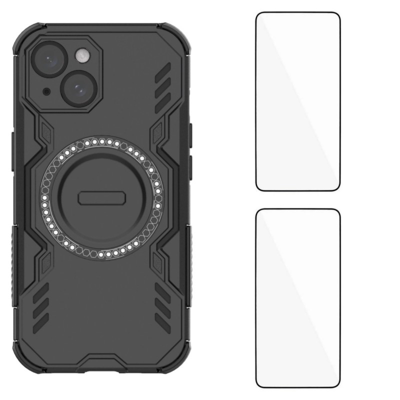 For iPhone 15 Magnetic Case WANLONFENG DJ Series PC TPU Phone Cover with 2Pcs Tempered Glass Film - Black