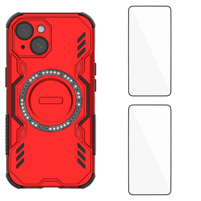 For iPhone 15 Magnetic Case WANLONFENG DJ Series PC TPU Phone Cover with 2Pcs Tempered Glass Film - Red