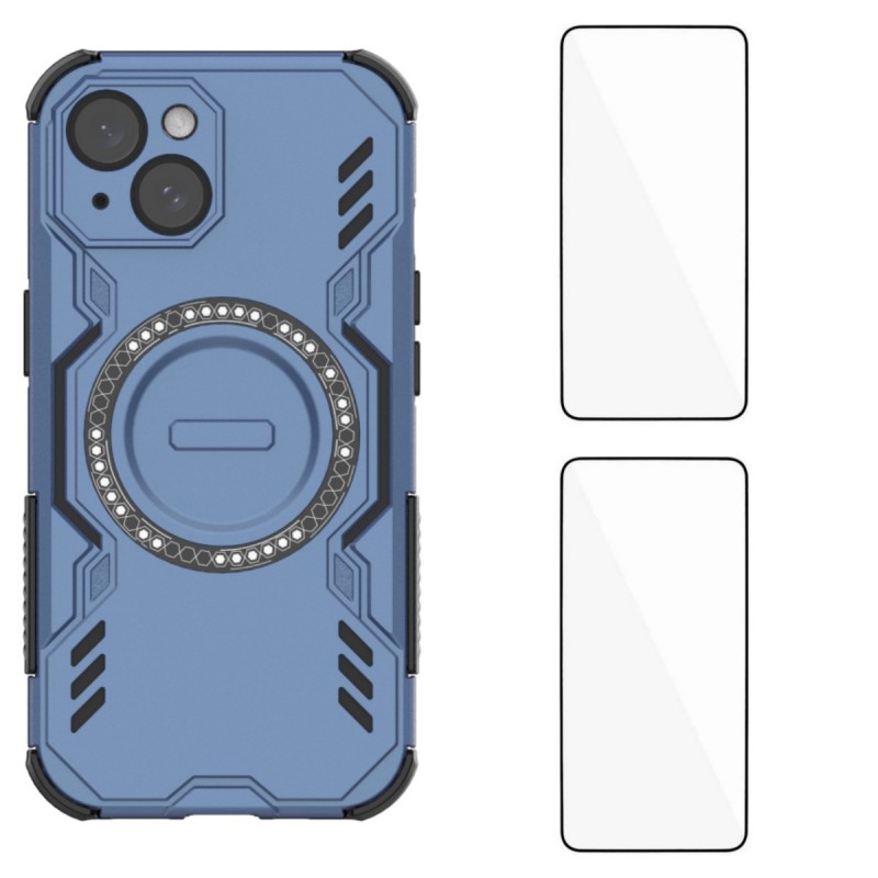 For iPhone 15 Magnetic Case WANLONFENG DJ Series PC TPU Phone Cover with 2Pcs Tempered Glass Film - Blue