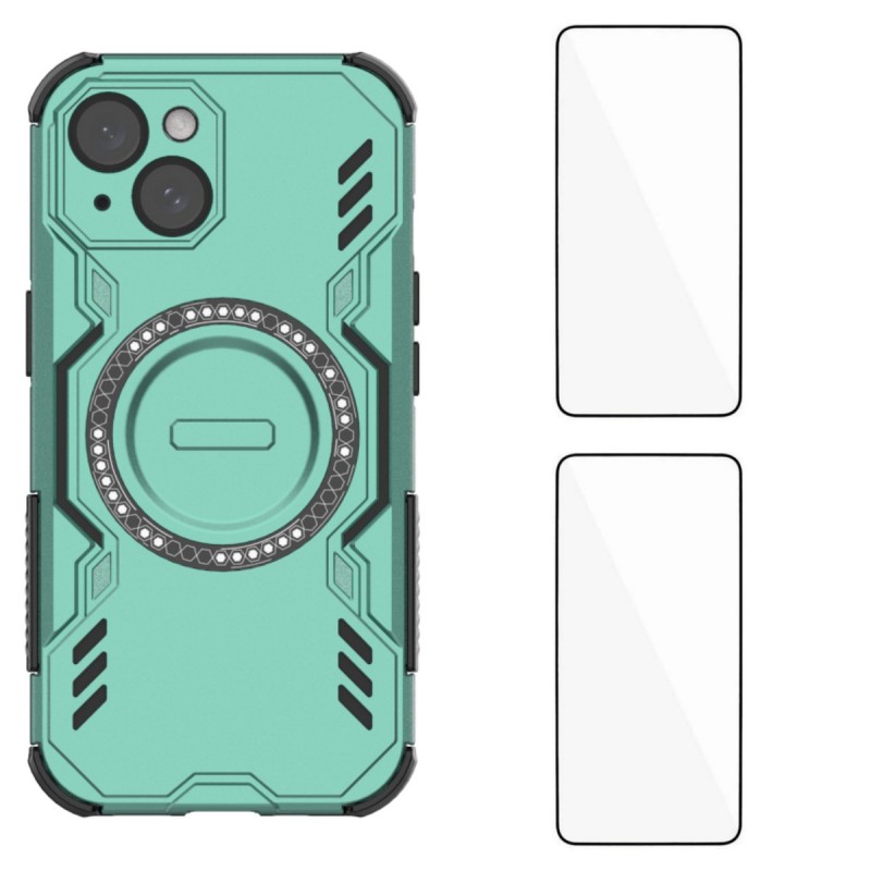 For iPhone 15 Magnetic Case WANLONFENG DJ Series PC TPU Phone Cover with 2Pcs Tempered Glass Film - Green
