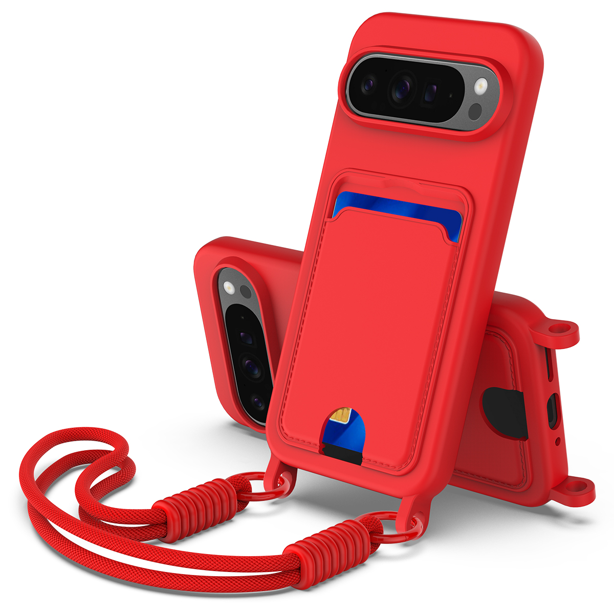 For Google Pixel 10 Pro XL Liquid Silicone Case  Phone Back Cover with Card Holder and Short Strap - Red