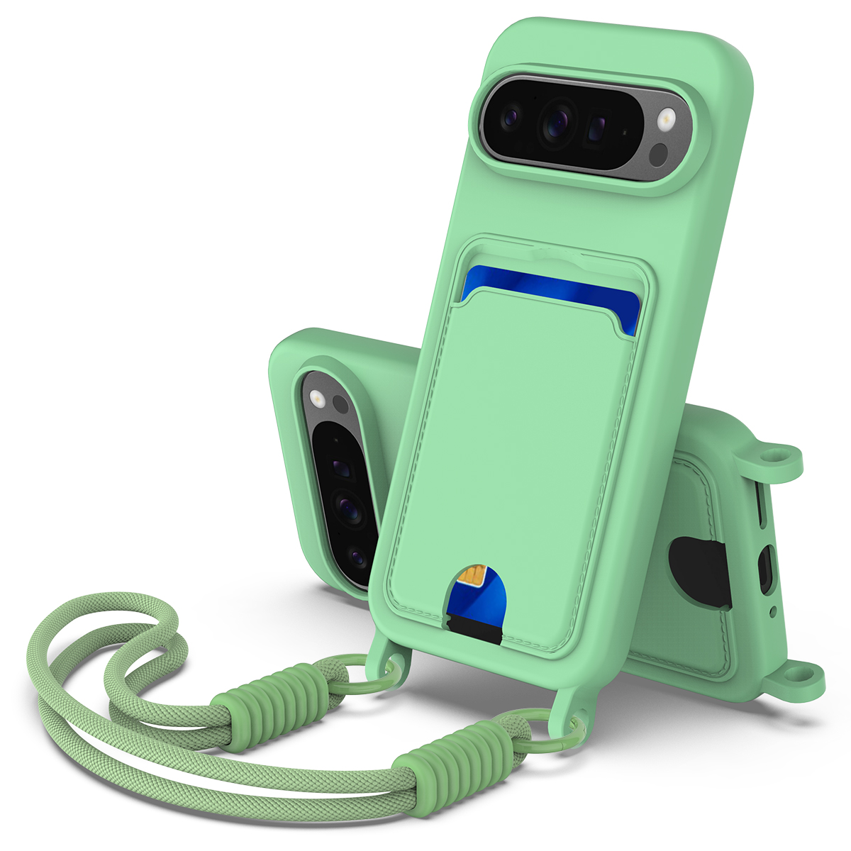 For Google Pixel 10 Pro XL Liquid Silicone Case  Phone Back Cover with Card Holder and Short Strap - Green