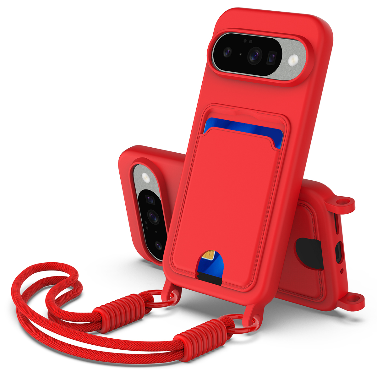 For Google Pixel 10 Liquid Silicone Case  Phone Back Cover with Card Holder and Short Strap - Red