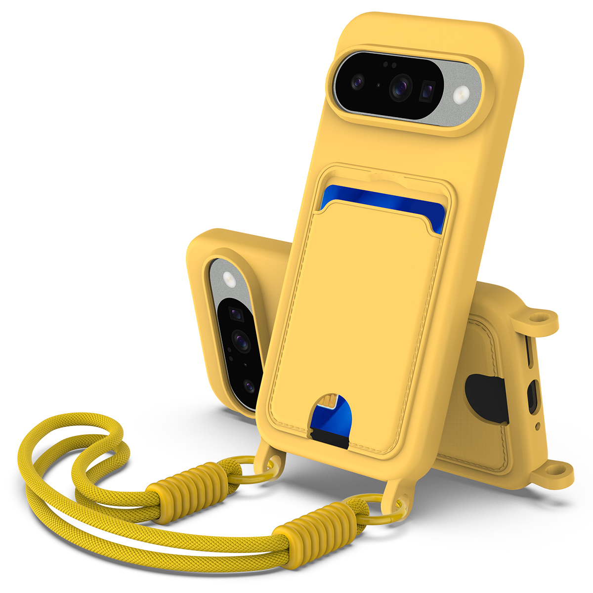 For Google Pixel 10 Liquid Silicone Case  Phone Back Cover with Card Holder and Short Strap - Yellow