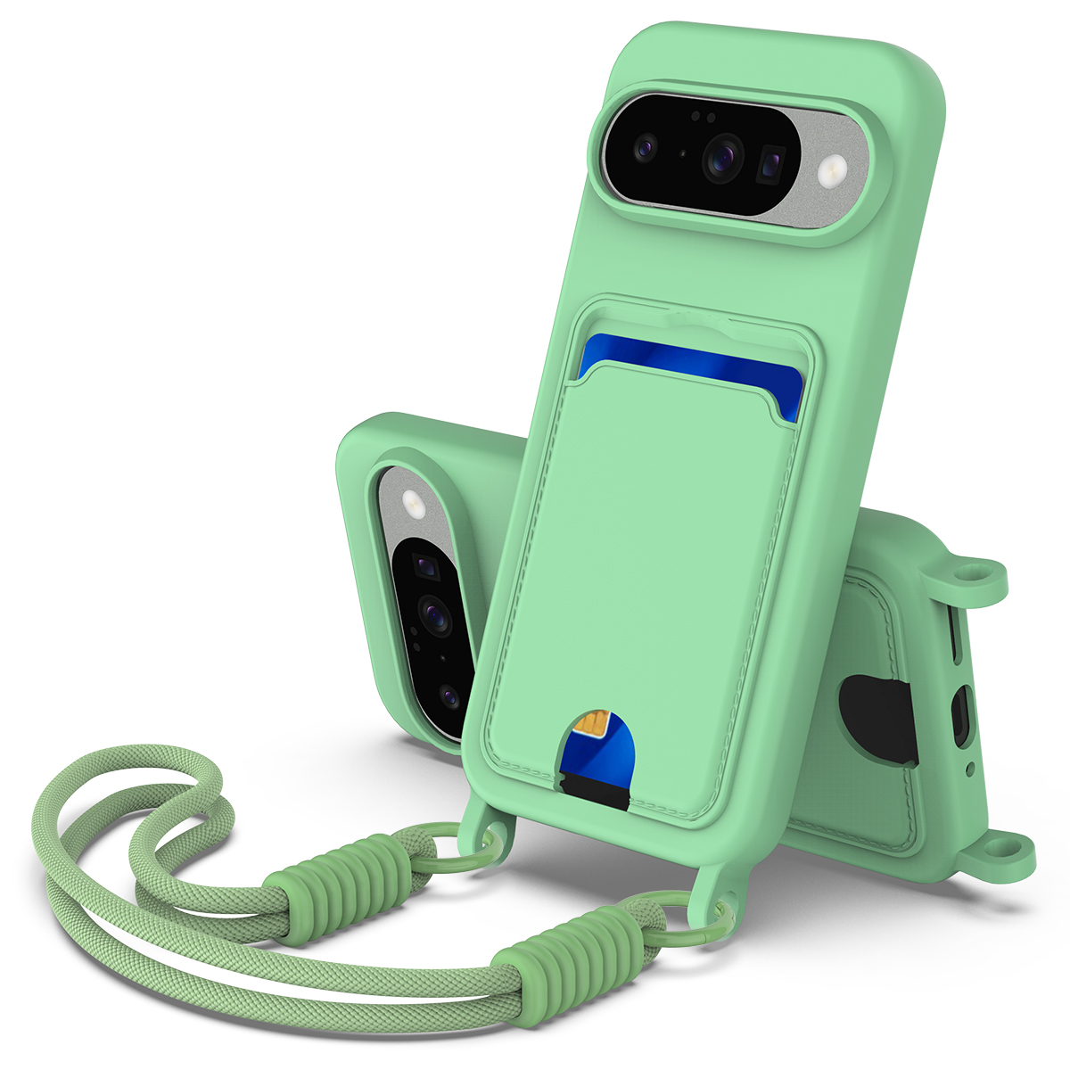 For Google Pixel 10 Liquid Silicone Case  Phone Back Cover with Card Holder and Short Strap - Green