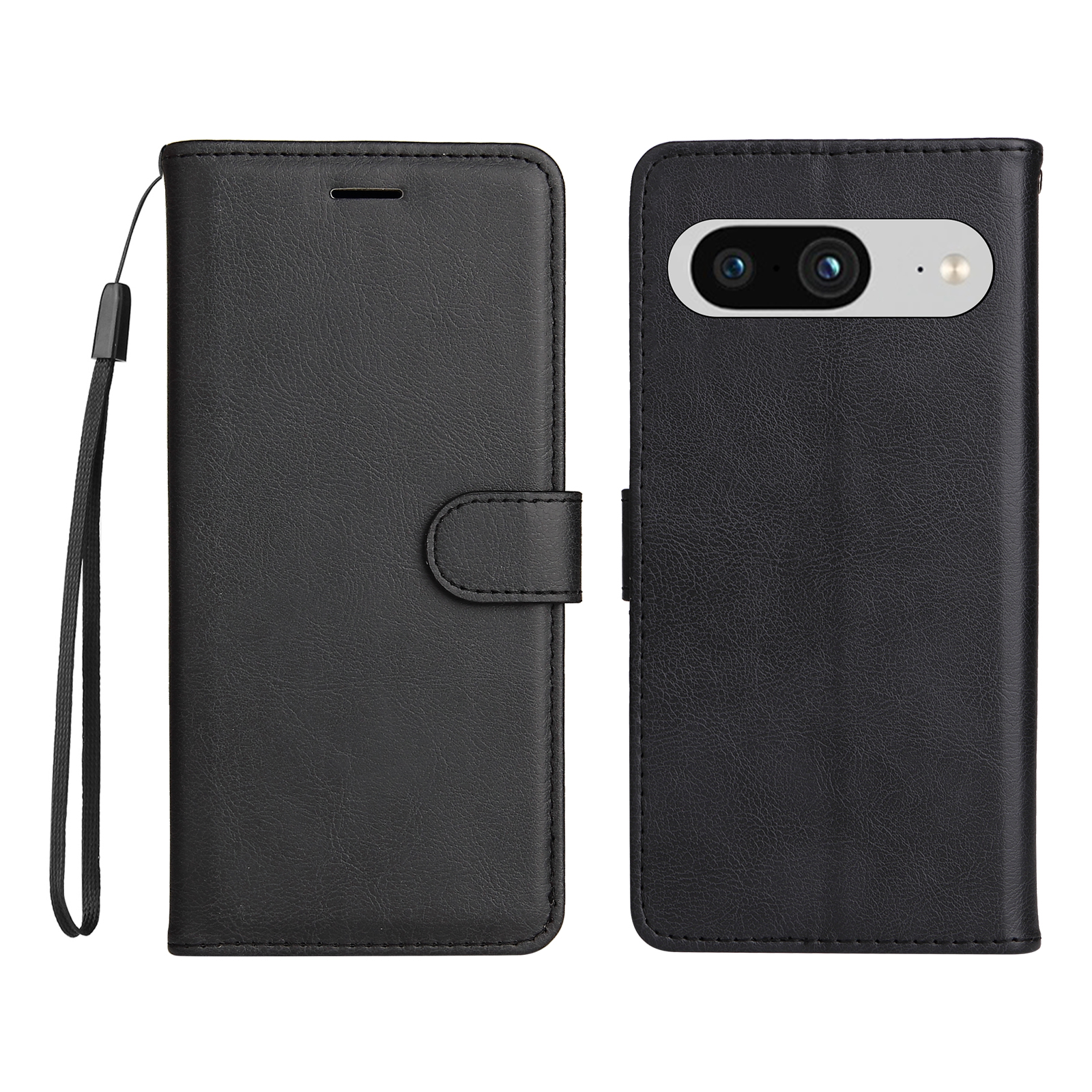 For Google Pixel 8 Leather Wallet Case with Strap Solid Color Phone Stand Cover - Black