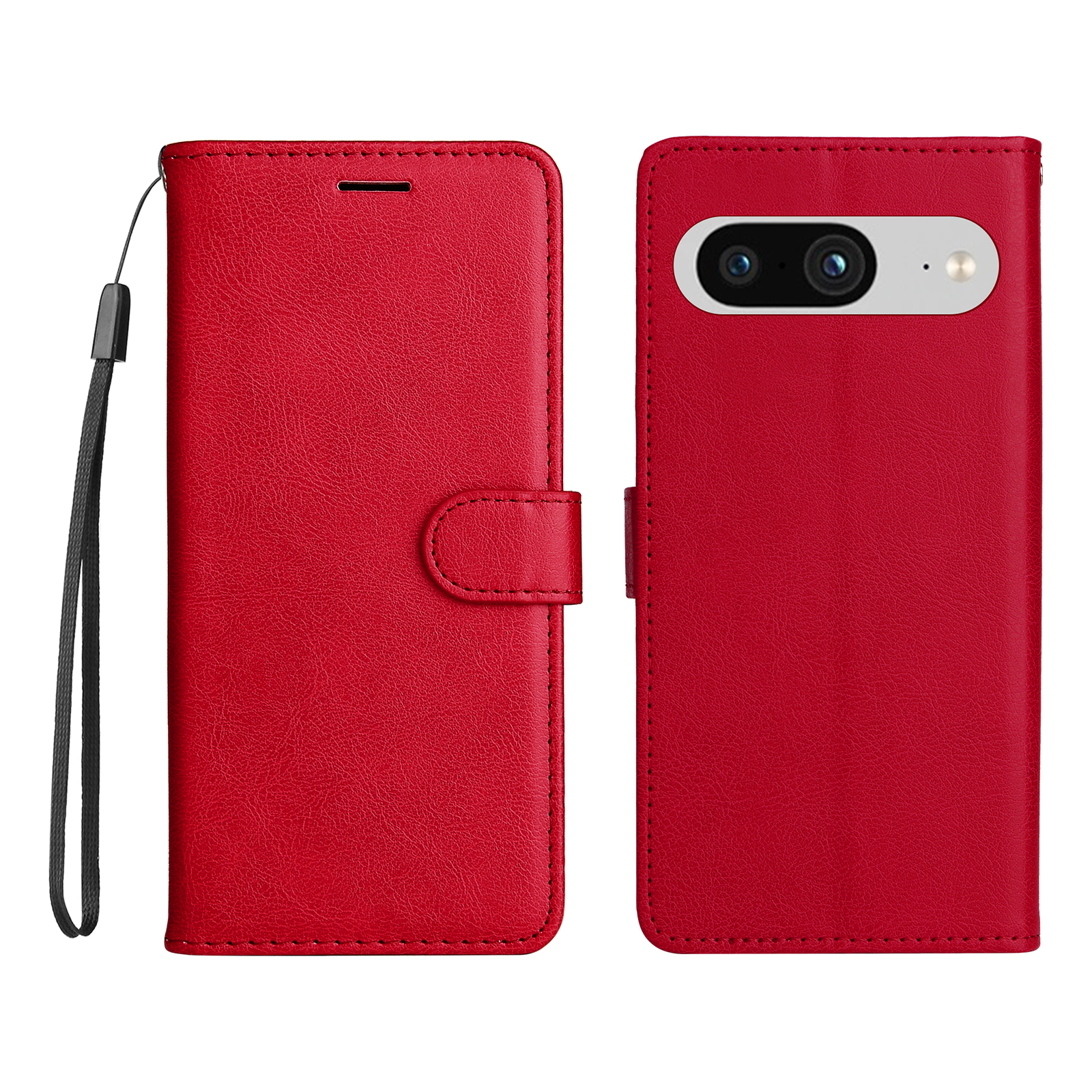 For Google Pixel 8 Leather Wallet Case with Strap Solid Color Phone Stand Cover - Red